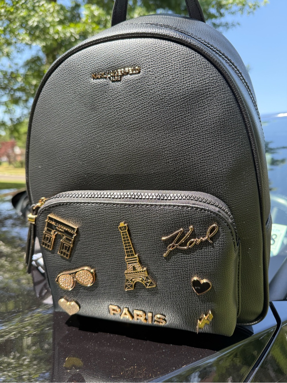 Karl Lagerfeld Black Backpack with Gold Paris Patches - Picture 7 of 8